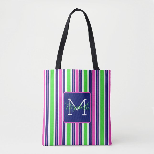 Bolso De Tela Monograma de banda azul de la marina verde rosa pr (Anverso)