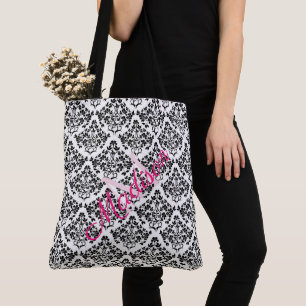 Bolso De Tela Monograma de Black White Damask Trendy Cute Girate