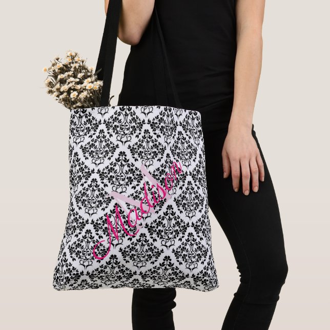 Bolso De Tela Monograma de Black White Damask Trendy Cute Girate (Detalle)