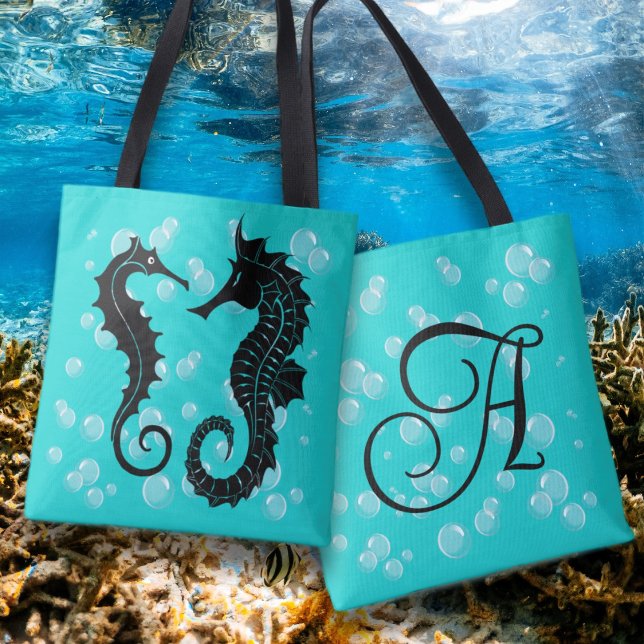 Bolso De Tela Monograma de caballitos de mar negros inicial (Subido por el creador)
