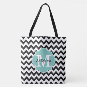 Bolso De Tela Monograma de Chevron Negro Aqua y nombre personali