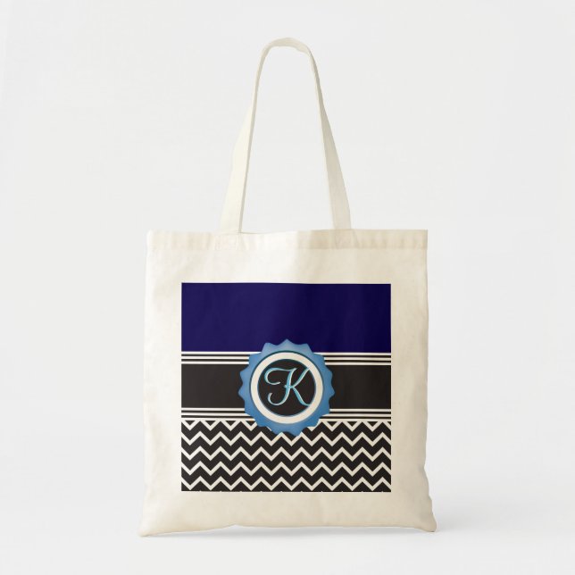 Bolso De Tela Monograma de Chevron negro azul (Frente)