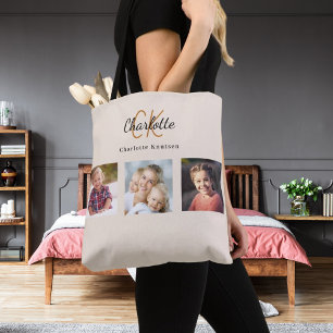 Bolso De Tela Monograma de collage de fotografías beis