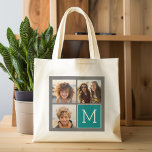 Bolso De Tela Monograma de Collage de fotos gris y Verde azulado<br><div class="desc">Utiliza 3 fotos cuadradas para crear un regalo único y personal. O puedes mantener al cachorro hipster y hacer un keepsake de moda. Si necesita ajustar las imágenes,  haga clic en la herramienta personalizar para realizar cambios.</div>