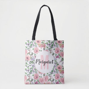 Bolso De Tela Monograma de color de agua Rosa floral rosa Rubor