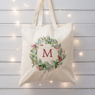 Bolso De Tela Monograma de corona de vegetación invernal en acua