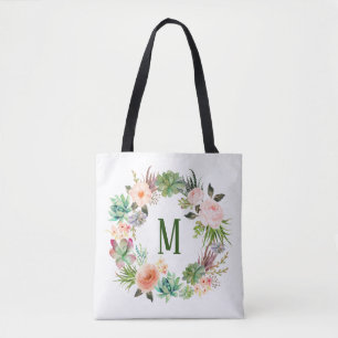 Bolso De Tela Monograma de Corona Floral de Suculentas Acuarela