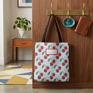 Bolso De Tela Monograma De Cuadros Azules Rústicos Y Cerezas