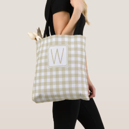 Bolso De Tela Monograma de Cuadros de Gingham Beige y Blanco