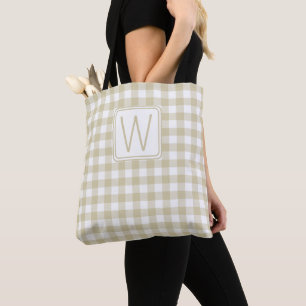 Bolso De Tela Monograma de Cuadros de Gingham Beige y Blanco