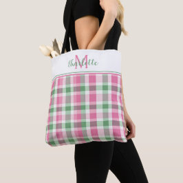 Bolso De Tela Monograma de Cuadros Rosa y Verde Elegante