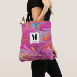 Bolso De Tela Monograma de diseño de Swirls Groovy Naranja rosa