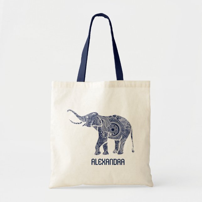 Bolso De Tela Monograma de elefante blanco y azul marino de la m (Frente)