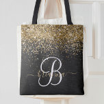Bolso De Tela Monograma de espuma negra Purpurina de oro persona<br><div class="desc">Personalice fácilmente este elegante diseño de bolsos de tote de moda con purpurina brillante de bonito dorado sobre un fondo metálico negro cepillado.</div>
