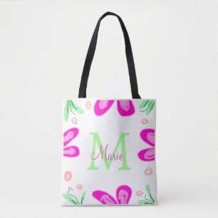 Bolso De Tela Monograma de flor rosa agregar letra de nombre hoj