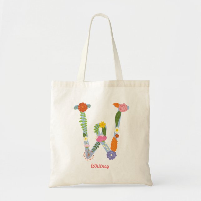 Bolso De Tela Monograma de flor rústica y caprichosa (W) (Frente)