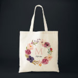 Bolso De Tela Monograma de floración de color de agua de boho rú<br><div class="desc">Una corona color bonito boho sirve como marco rústico para el monograma de este tote de fiesta nupcial que hace un regalo encantador para las damas de honor. La caligrafía moderna y la tipografía le dan un toque moderno a este diseño clásico de Kitty Pie Prints. Puede cambiar el estilo...</div>