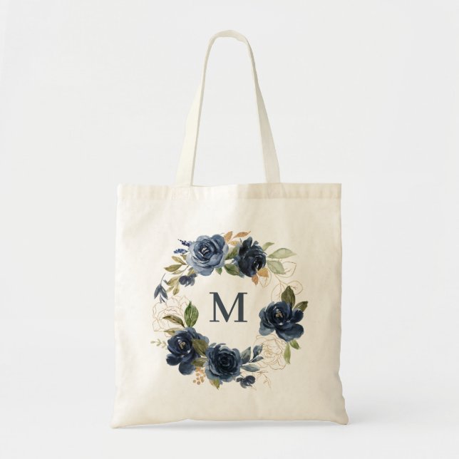 Bolso De Tela Monograma de floral de Rosas azul de la Marina de  (Frente)