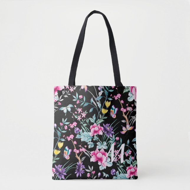 Bolso De Tela Monograma de floral y mariposa negra (Anverso)