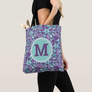 Bolso De Tela Monograma de flores de estilo shabby chic morado y