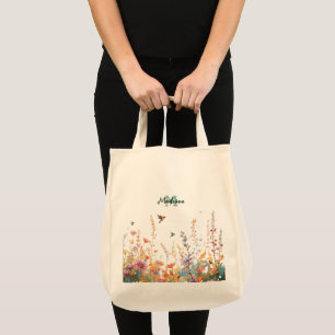 Bolso De Tela Monograma de flores silvestres acuarela nombre per