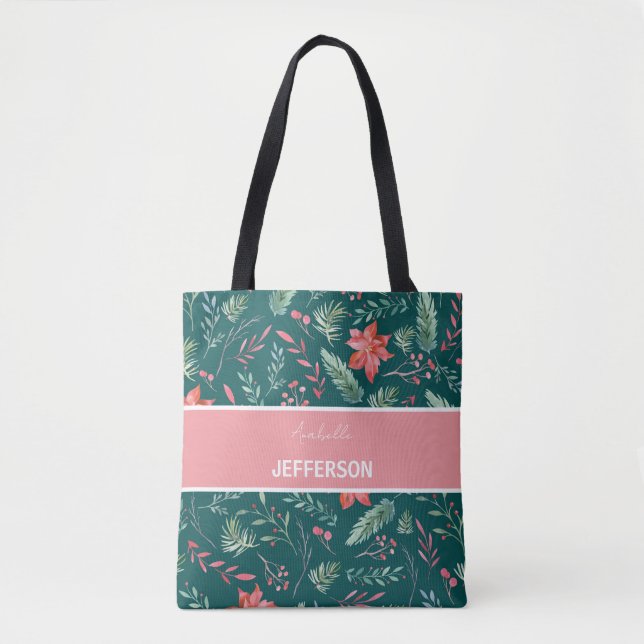 Bolso De Tela Monograma de flores verdes oscuras rojas navidades (Anverso)