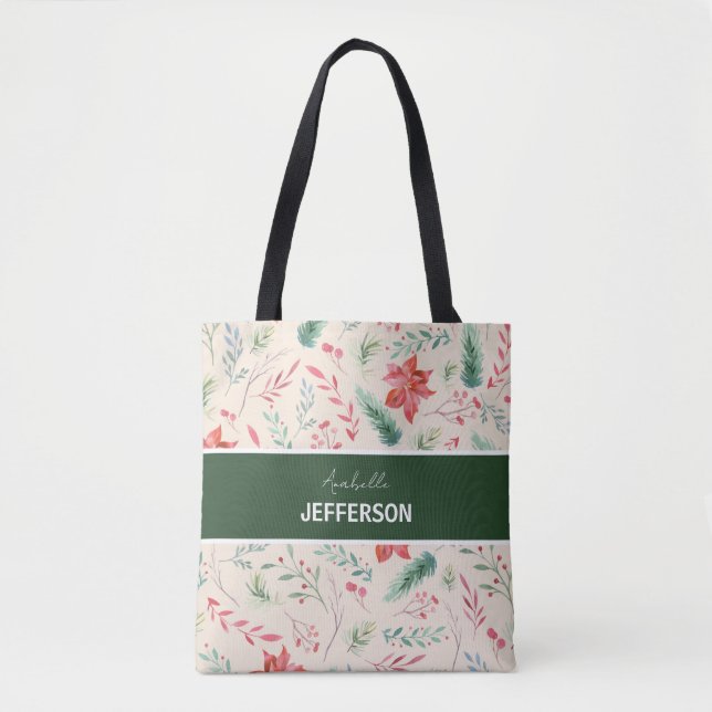 Bolso De Tela Monograma de flores verdes rojas navidades (Anverso)