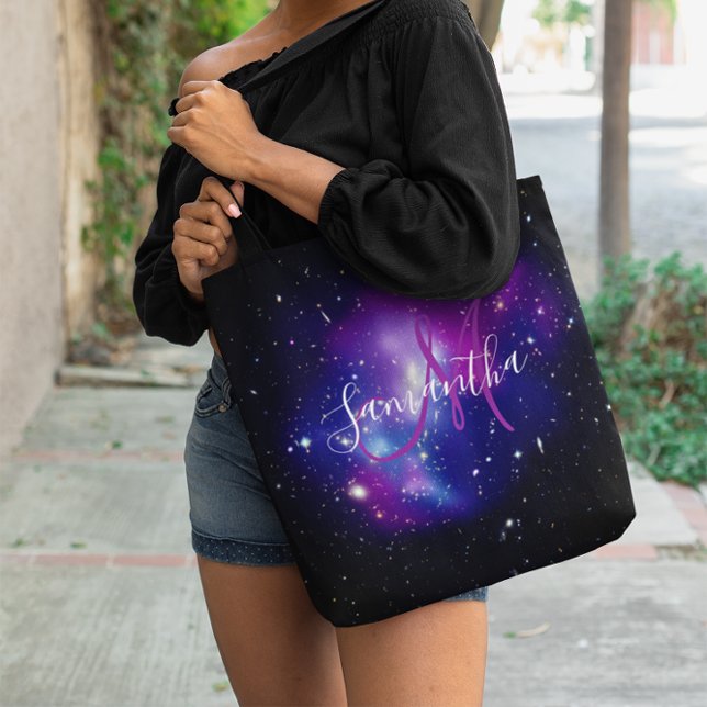 Bolso De Tela Monograma de fotografía espacial celeste púrpura (Purple Celestial Photo Monogram Tote Bag)