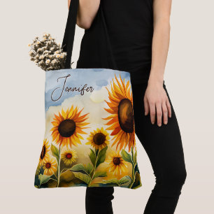 Bolso De Tela Monograma de girasoles de color de agua rústica y 
