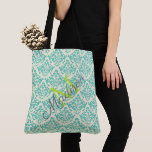 Bolso De Tela Monograma de Green Damask Trendy Cute Girly Name