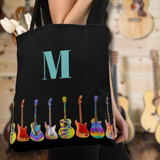 Bolso De Tela Monograma de guitarra colorida (Colorful guitar monogram custom tote bag for guitarists musicians music teachers )