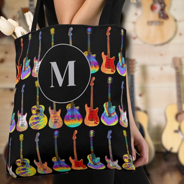 Bolso De Tela Monograma de guitarra colorida (guitar monogram custom tote bag psychedelic guitars on black for guitarists musicians music teachers)