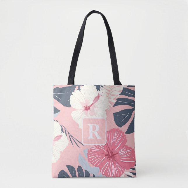 Bolso De Tela Monograma de Hibiscus Tropical personalizado (Anverso)
