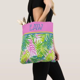 Bolso De Tela Monograma de Hojas de Palma Rosa y Verde Preppy