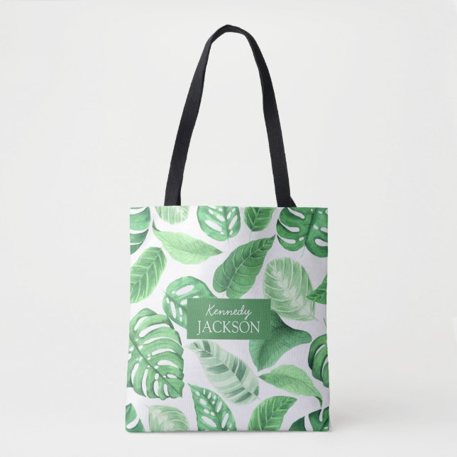 Bolso De Tela Monograma de hojas verdes tropicales florales (Anverso)