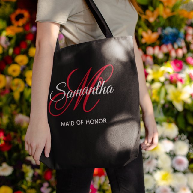 Bolso De Tela Monograma de honor negro blanco y rojo (Black White and Red Fancy Monogram Maid of Honor Tote Bag)