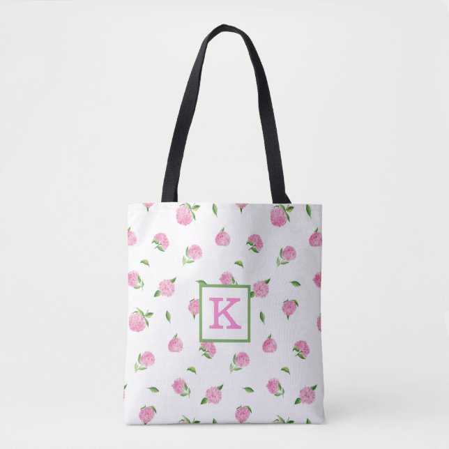 Bolso De Tela Monograma de hortensias rosadas en acuarela (Anverso)