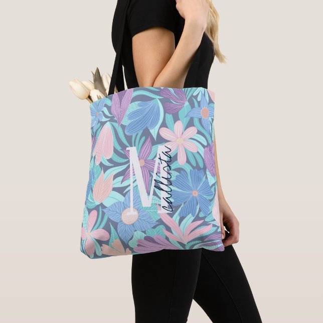 Bolso De Tela Monograma de Ilustracion floral rosa azul verde az (Detalle)