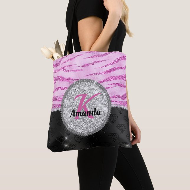 Bolso De Tela Monograma de impresión animal purpurina negro rosa (Detalle)