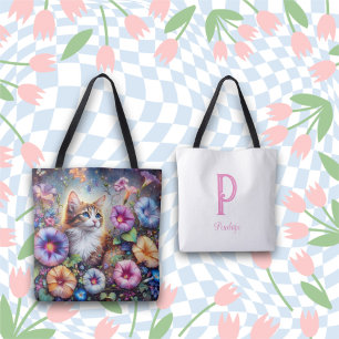 Bolso De Tela Monograma de la flor del gato caprichoso de la mod