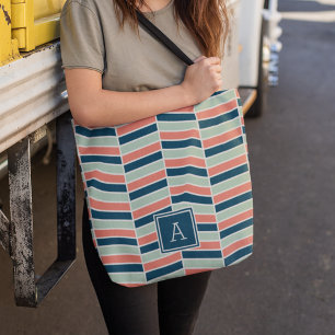 Bolso De Tela Monograma de la Marina, Coral y Aqua Herringbone