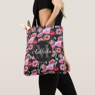 Bolso De Tela Monograma de las flores de color negro rosado de c
