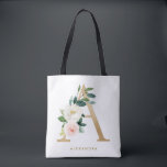 Bolso De Tela Monograma de letra A floral bonita con lámina de o<br><div class="desc">Bolso de mano floral femenino y elegante con ilustraciones de acuarela de flores,  vegetación y monograma de lámina falsa. Personalice añadiendo un nombre o una frase corta. Este bolso floral monograma será perfecto como regalo personalizado.</div>