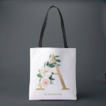 Bolso De Tela Monograma de letra A floral bonita con lámina de o<br><div class="desc">Bolso de mano floral femenino y elegante con ilustraciones de acuarela de flores,  vegetación y monograma de lámina falsa. Personalice añadiendo un nombre o una frase corta. Este bolso floral monograma será perfecto como regalo personalizado.</div>