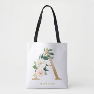 Bolso De Tela Monograma de letra A floral bonita de lámina de or