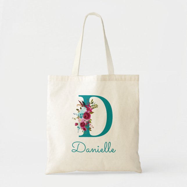 Bolso De Tela Monograma de letra D con escritura floral en teal  (Frente)