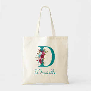 Bolso De Tela Monograma de letra D con fuente floral en color tu
