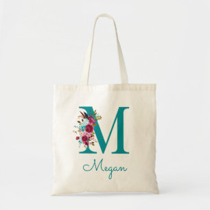 Bolso De Tela Monograma de letra M con fuente floral en teal ros