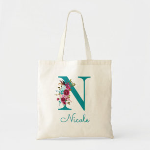 Bolso De Tela Monograma de letra N con fuente floral en color tu