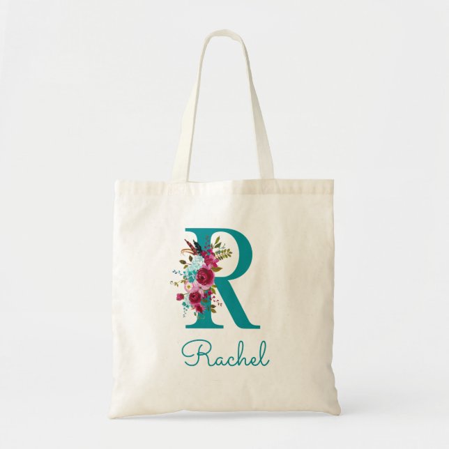 Bolso De Tela Monograma de letra R con fuente floral en teal ros (Frente)